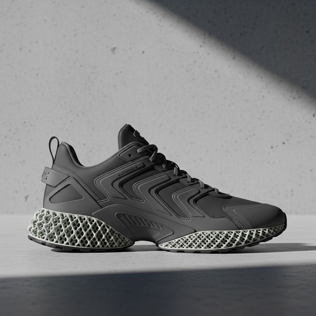 High-end fashion photography showing Architectural Silhouettes and the Return of the Sleek Profile: A side-profile shot of a sleek, charcoal grey high-end sneaker with a futuristic 3D-printed sole, set against a minimalist concrete background.