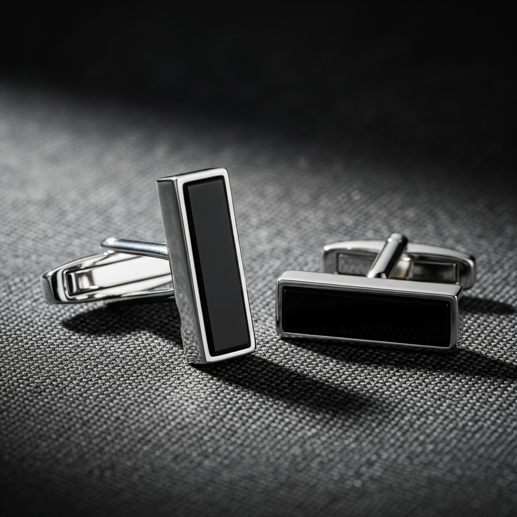 High-end fashion photography showing Hardware and Jewelry: The Architecture of Shine: Macro shot of a pair of minimalist sterling silver cufflinks with black onyx inlays, resting on a textured grey suit fabric.