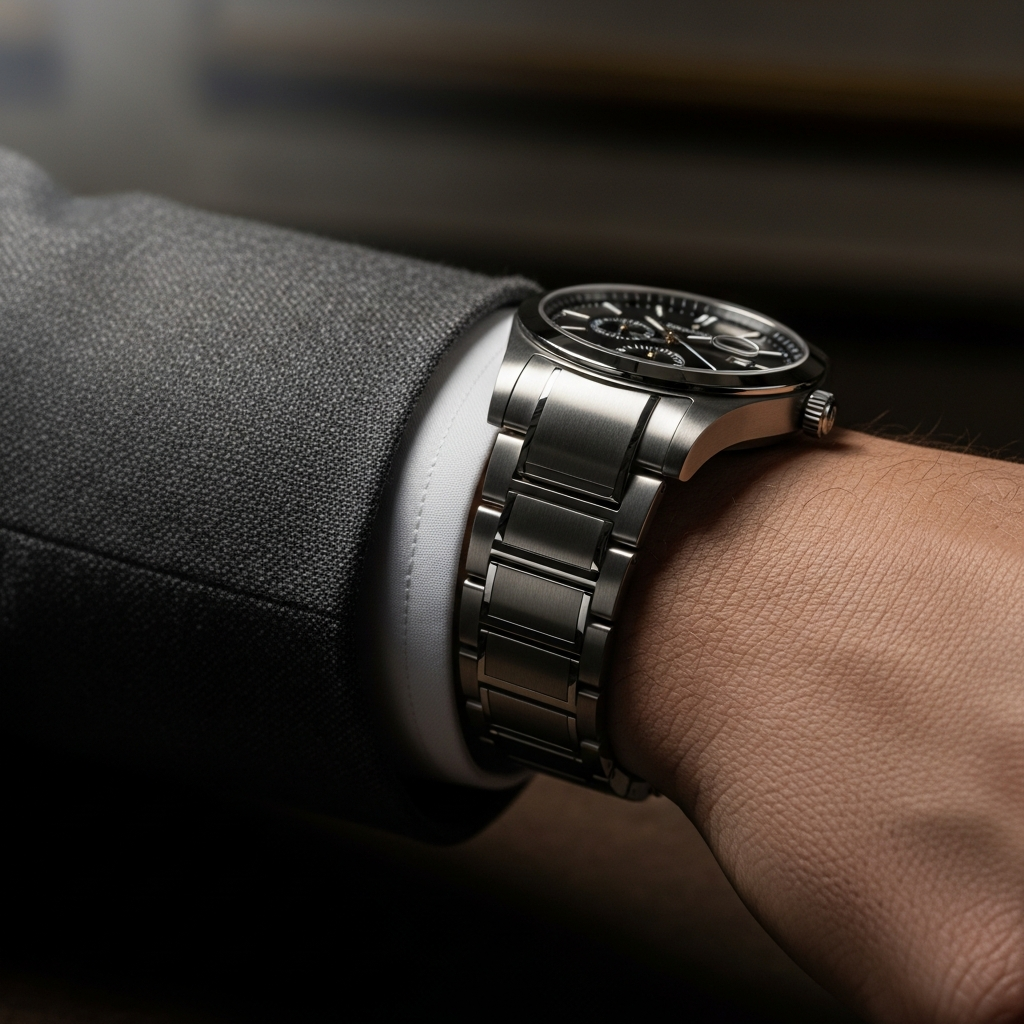 High-end fashion photography showing Horological Heritage: Beyond Timekeeping: A man's wrist featuring a luxury titanium integrated-bracelet watch, peeking out from a charcoal grey cashmere suit sleeve, high-end editorial style.