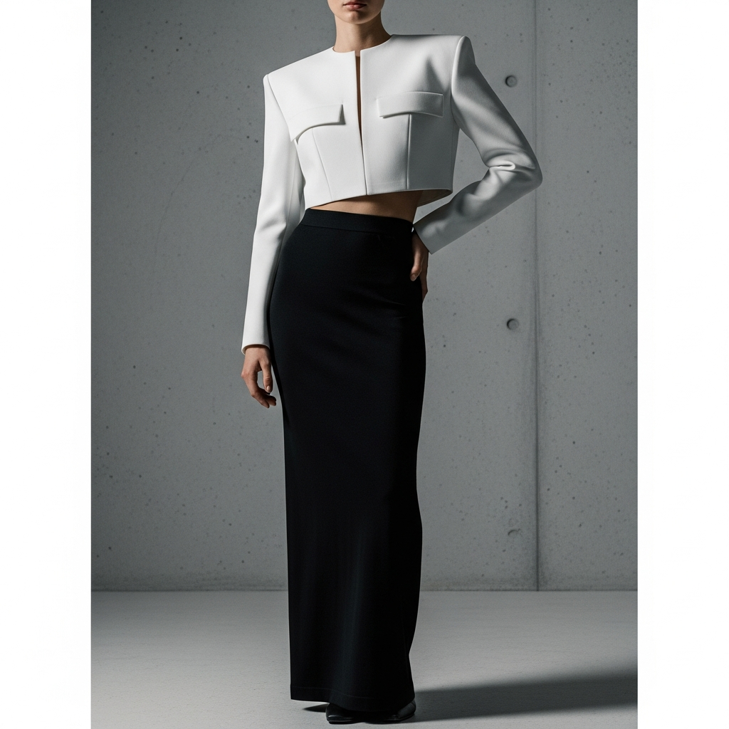 High-end fashion photography showing Modern Minimalism: The Column Skirt and Technical Knits: A minimalist studio shot of a model wearing a black seamless column skirt made of thick technical knit, paired with a structured white architectural top.