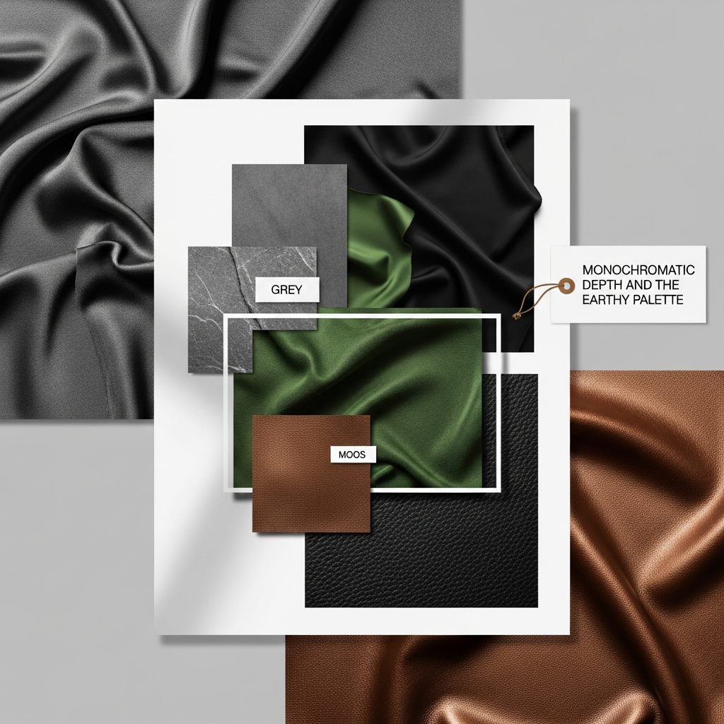 High-end fashion photography showing Monochromatic Depth and the Earthy Palette: A color palette mood board featuring swatches of basalt grey, obsidian black, moss green, and burnished bronze. Textures include silk, leather, and wool. Minimalist aesthetic.
THE ULTIMATE MEN'S STYLE BIBLE 2026