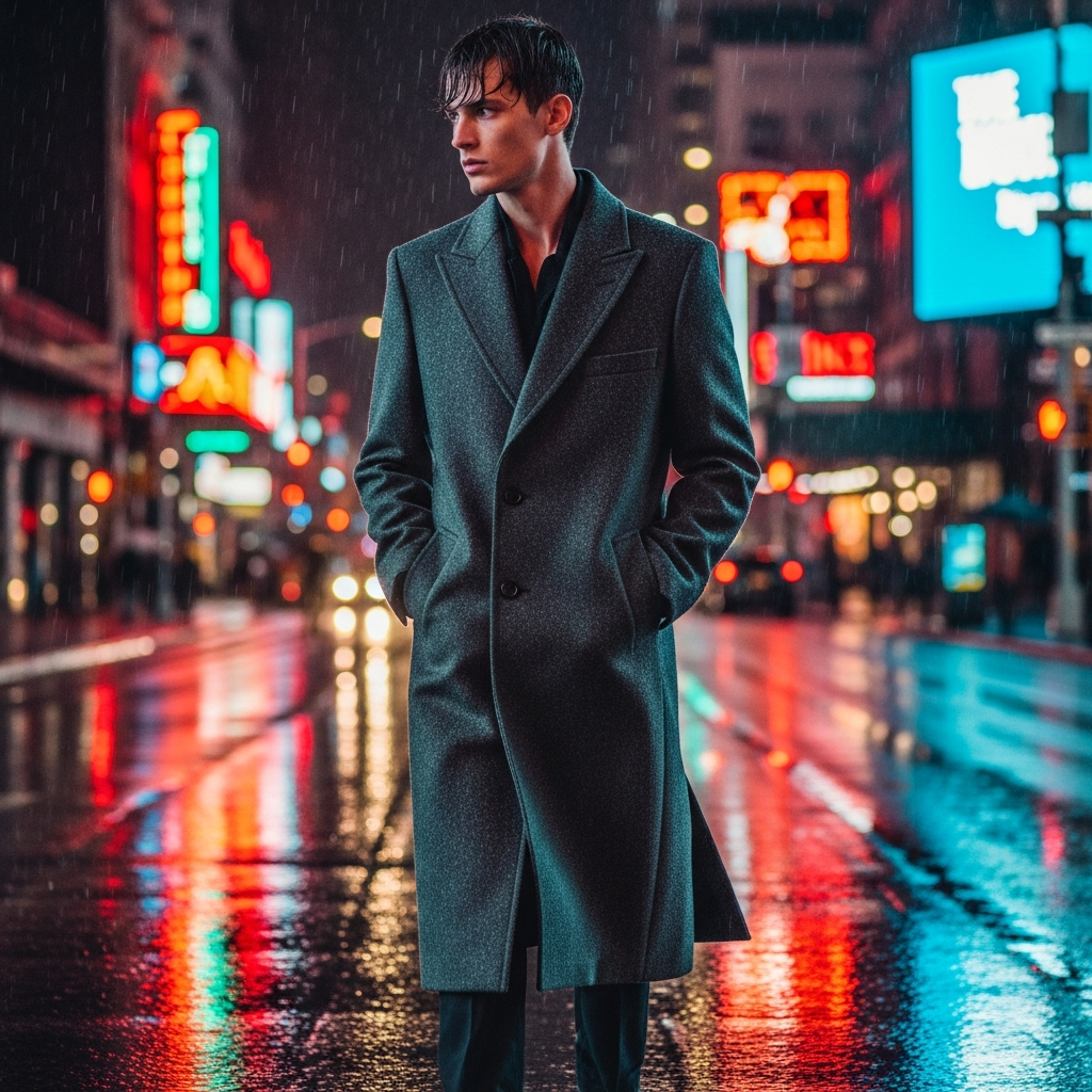 High-end fashion photography showing Outerwear: The Final Statement: A male model walking down a rainy metropolitan street at night, wearing a long, structured charcoal wool overcoat, neon lights reflecting on the wet pavement, cinematic street photography.
MEN'S TOP