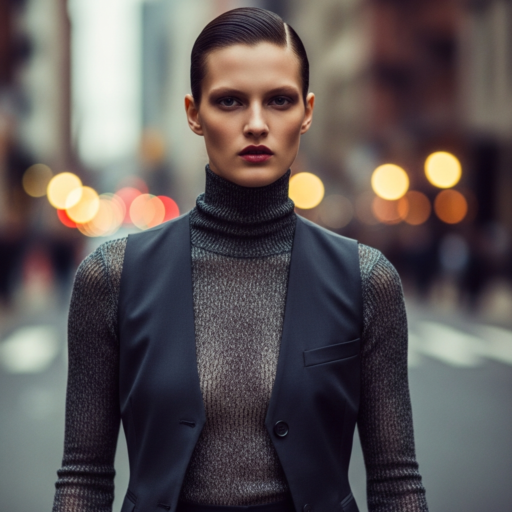 High-end fashion photography showing Second-Skin Knits: Sheer Layers and Fine-Gauge Wool: A model wearing a semi-sheer, fine-gauge charcoal knit top layered under a structured vest, urban chic setting, high fashion photography.