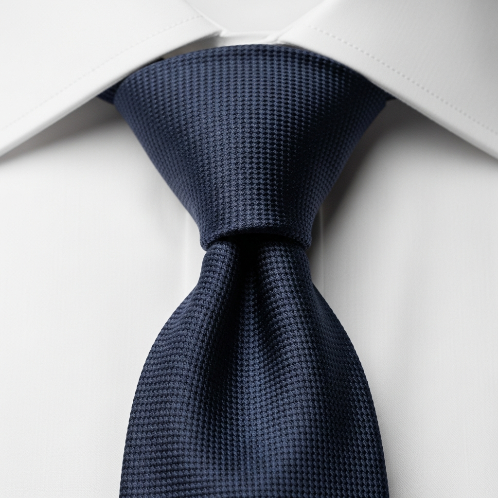 High-end fashion photography showing Silk Mastery: The Physics of the Perfect Knot: Close-up of a perfectly knotted Navy Grenadine silk tie against a crisp white Egyptian cotton shirt, showing the intricate weave and the 'dimple' under the knot.
MEN'S ACCESSORIE