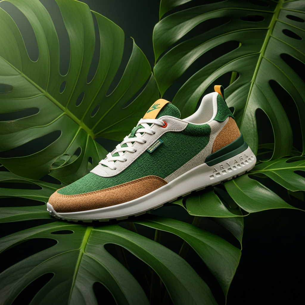 High-end fashion photography showing Sustainability as the New Ultimate Flex: An artistic shot of a sneaker made from sustainable bio-materials, nestled among lush green oversized monstera leaves to emphasize eco-luxury.