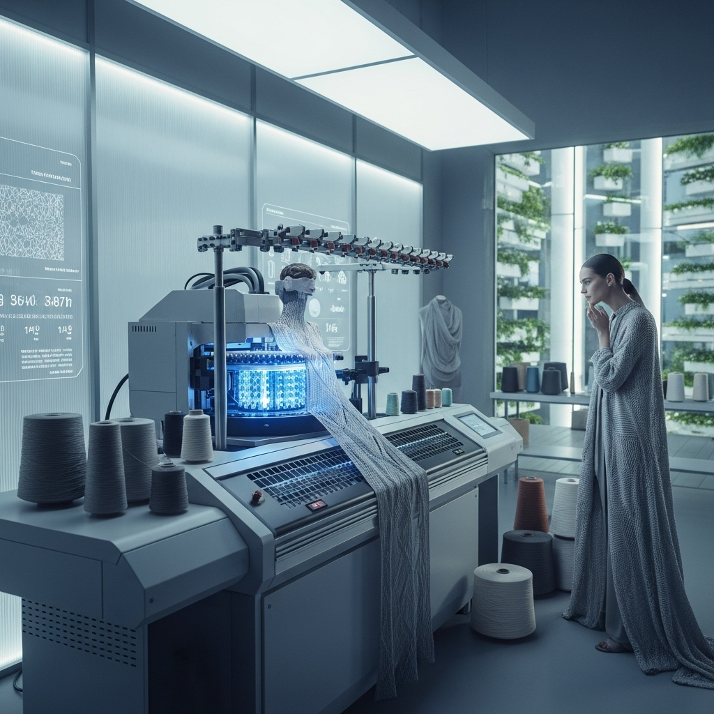 High-end fashion photography showing Sustainable Luxury: The Ethical Requirement: A futuristic atelier where a 3D knitting machine is creating a seamless luxury garment. Soft, clean lab-like lighting, high-tech fashion concept.
THE ULTIMATE MEN'S STYLE BIBLE 2026
