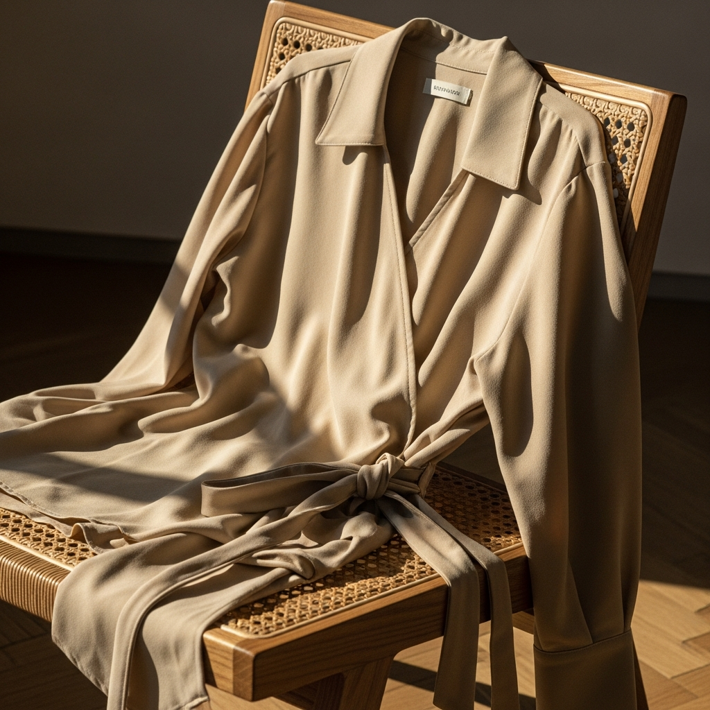 High-end fashion photography showing Sustainable Luxury: The Rise of Lyocell and Refined Linen: A light beige sustainable lyocell wrap blouse draped over a designer chair, soft morning light, eco-luxury aesthetic.