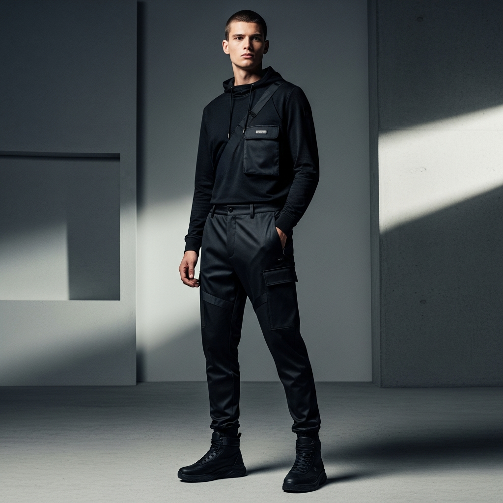 High-end fashion photography showing Tech-Luxe: Performance Meets High-Fashion: Man wearing sleek, matte black technical cargo pants with hidden pockets and a minimalist design. Urban techwear aesthetic, high-end fashion photography.