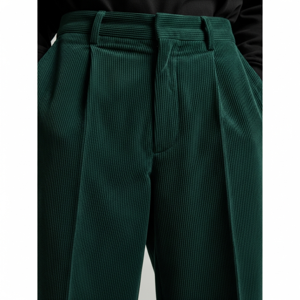 High-end fashion photography showing Texture Play: Corduroy and Heavyweight Twill: Close-up of deep emerald green wide-wale corduroy trousers. The lighting highlights the ridges and soft sheen of the fabric.