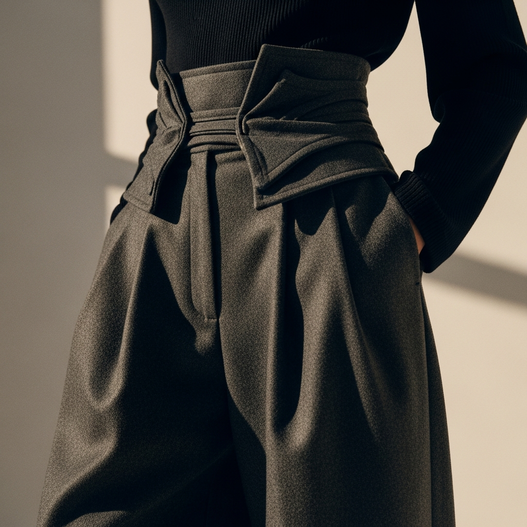 High-end fashion photography showing The Architectural Trouser: Beyond the Basic Stitch: Close-up of high-waisted wide-leg trousers in charcoal grey wool, showing the intricate pleating and the heavy drape of the fabric against a luxury studio background.
WOMEN'S BOTTOMS