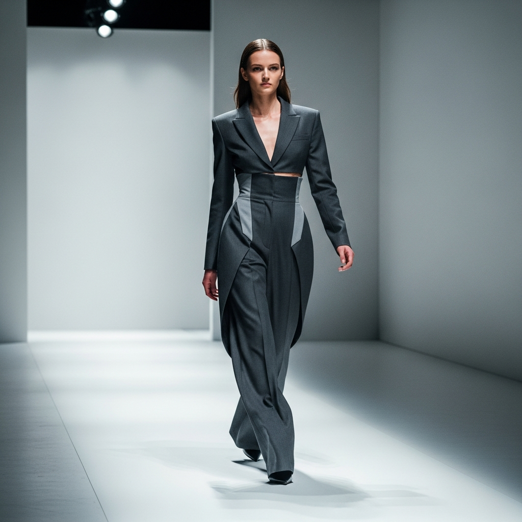 High-end fashion photography showing The Architecture of the Silhouette: A model walking down a white runway wearing high-waisted, wide-leg architectural trousers in charcoal grey, sharp tailoring, minimalist background, high-energy fashion show vibe.
