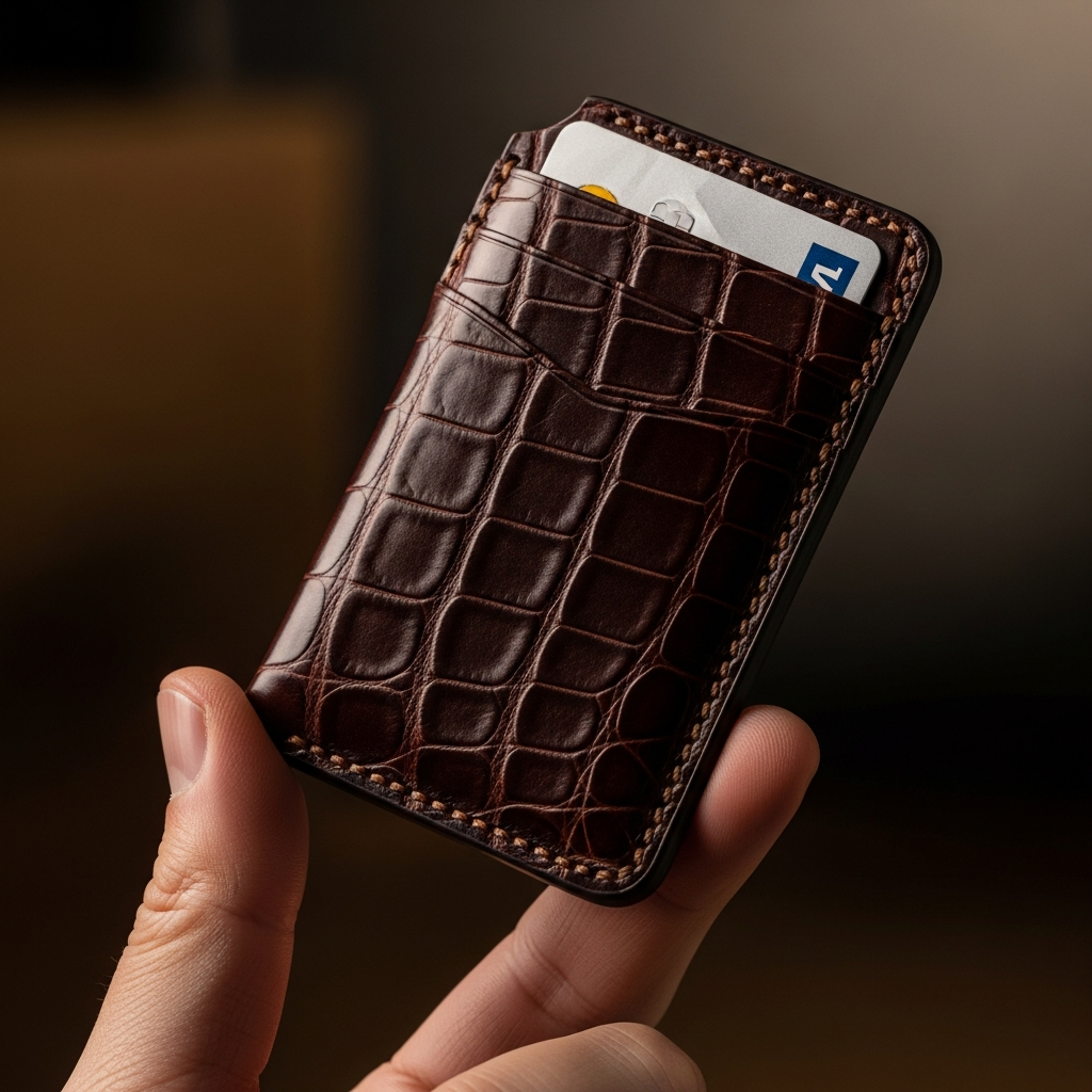 High-end fashion photography showing The Artisanal Hide: Small Leather Goods with Big Impact: A slim, hand-stitched dark brown alligator leather cardholder being held by a hand, showing the detailed scales and the quality of the stitching.