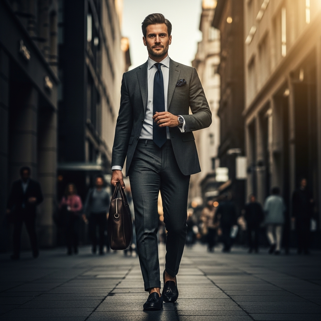 High-end fashion photography showing The Blueprint: Completing Your Style Journey: A wide-angle lifestyle shot of a confident man in a full luxury ensemble, walking down a city street, with his accessories subtly catching the sunlight.