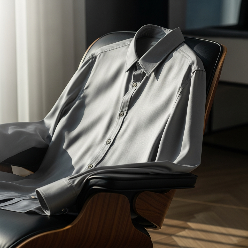 High-end fashion photography showing The Button-Down: Engineering Modernity: A designer button-down shirt made of fluid tencel-silk blend, draped over a designer chair, soft morning light hitting the fabric, high-end lifestyle photography.
MEN'S TOP