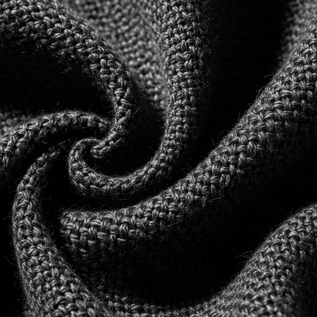 High-end fashion photography showing The Fabric Renaissance: Why Texture is the New Status Symbol: Macro close-up of high-end fabric textures: a blend of charcoal technical silk and woven organic cashmere. Soft natural light catching the fibers. High detail, 8k.THE ULTIMATE MEN'S STYLE BIBLE 2026