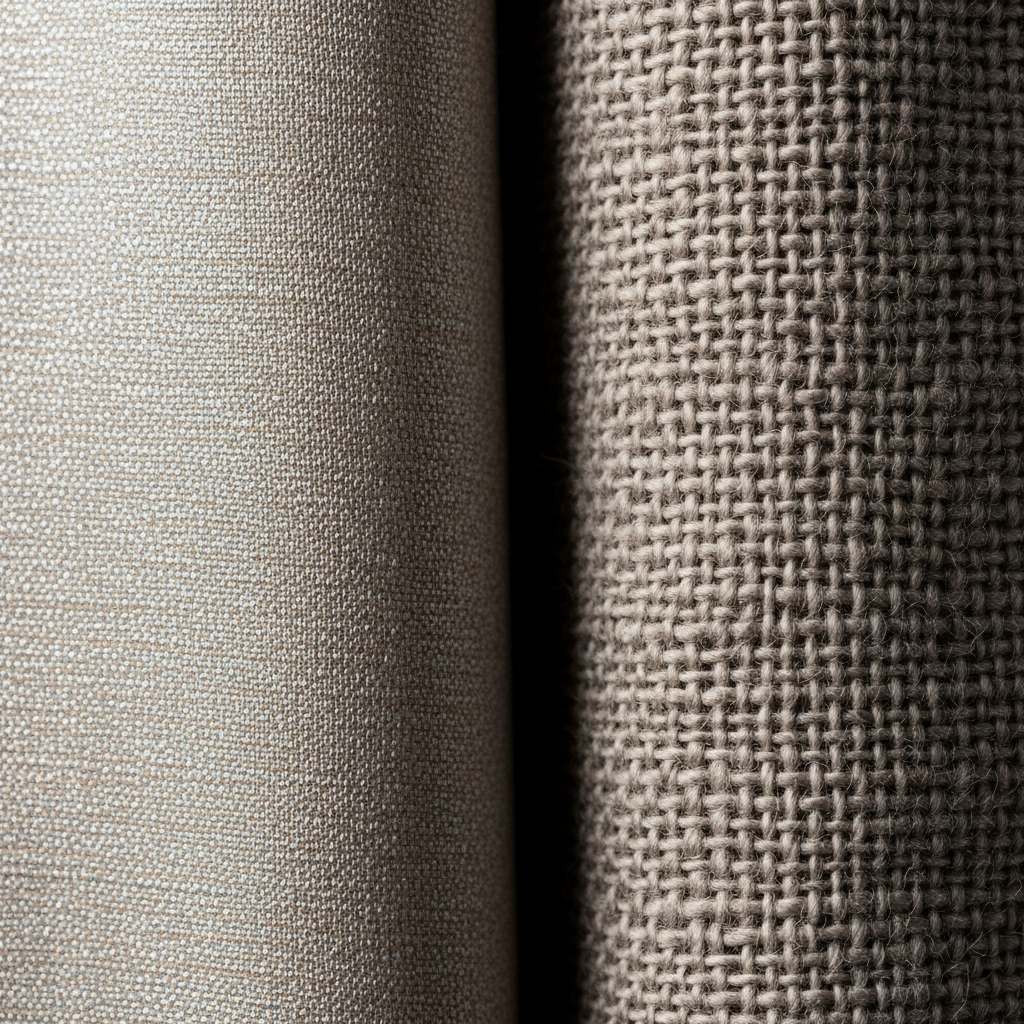 High-end fashion photography showing The Fabric Revolution: Beyond the Surface: Macro shot of high-end textile textures, showcasing iridescent silk weave and structured linen, soft neutral tones, extreme detail, professional fashion photography.