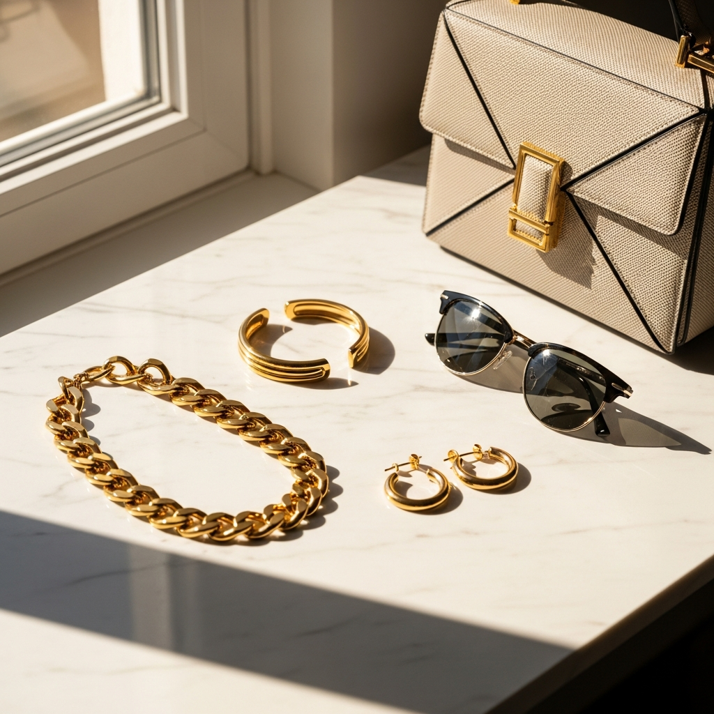 High-end fashion photography showing The Finishing Touch: Curation Over Collection: Flat lay of luxury gold jewelry, a geometric designer handbag, and high-end sunglasses on a marble surface, sunlight streaming through a window, soft shadows, 8k.