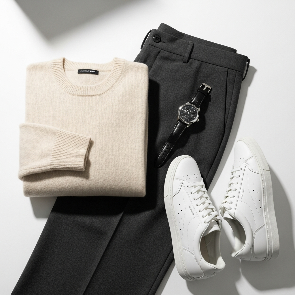 High-end fashion photography showing The Four Pillars of the 2026 Wardrobe: A flat lay of luxury men's fashion items: a cashmere sweater, tailored wide-leg trousers, designer sneakers, and a luxury watch. Minimalist white background, high-end commercial photography.
THE ULTIMATE MEN'S STYLE BIBLE 2026