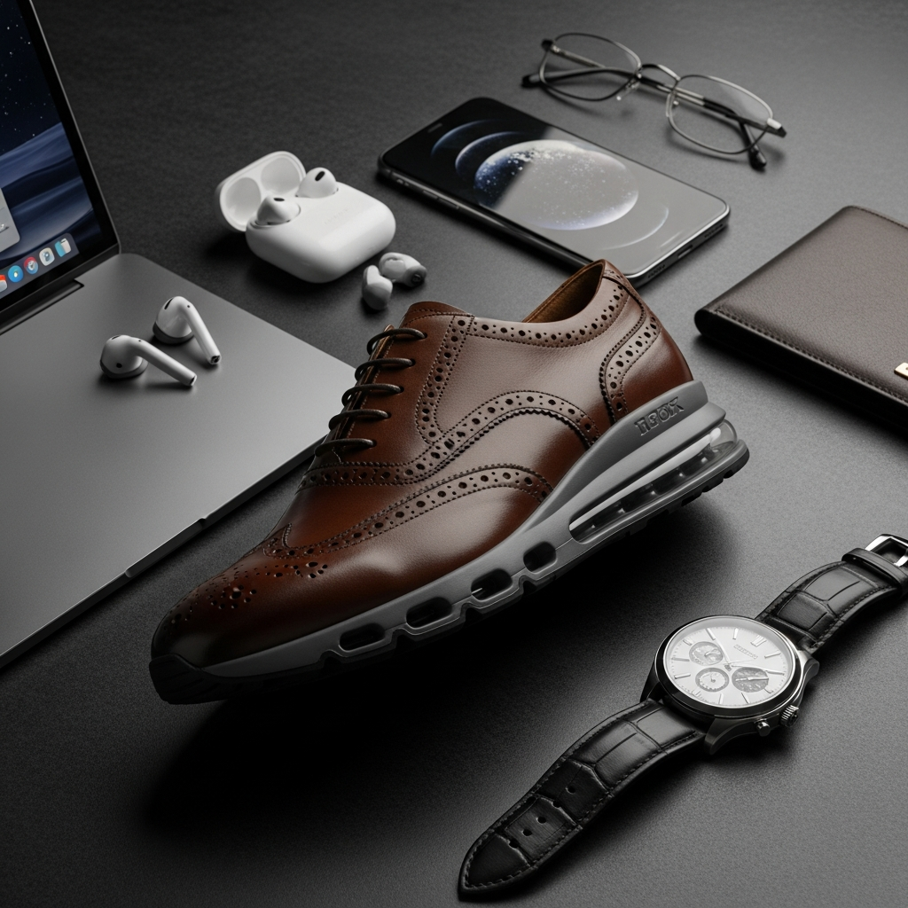 High-end fashion photography showing The Hybrid Era: Where Performance Meets the Boardroom: A flat lay of a luxury hybrid shoe, combining a traditional brogue leather upper with a modern, high-tech athletic outsole, surrounded by tech gadgets and a luxury watch.