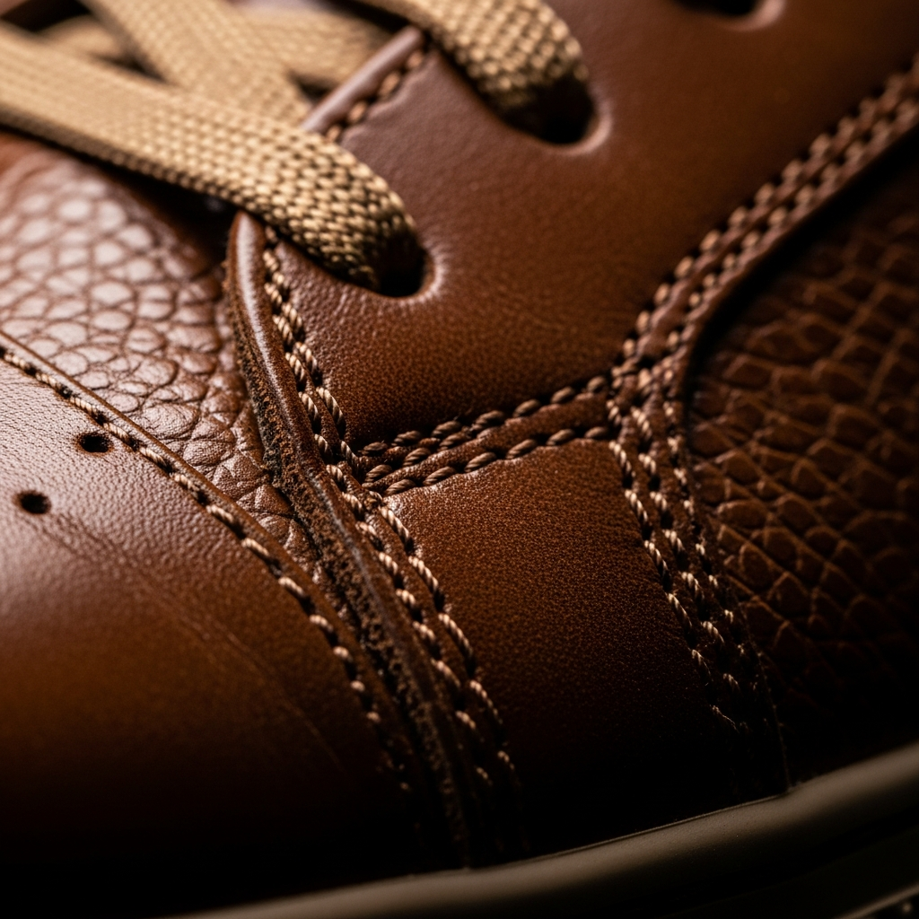 High-end fashion photography showing The Materiality of Luxury: Beyond Standard Leather: Close-up macro photography of hand-stitched leather on a luxury sneaker, showing the intricate grain of the calfskin and the precision of the waxed thread.