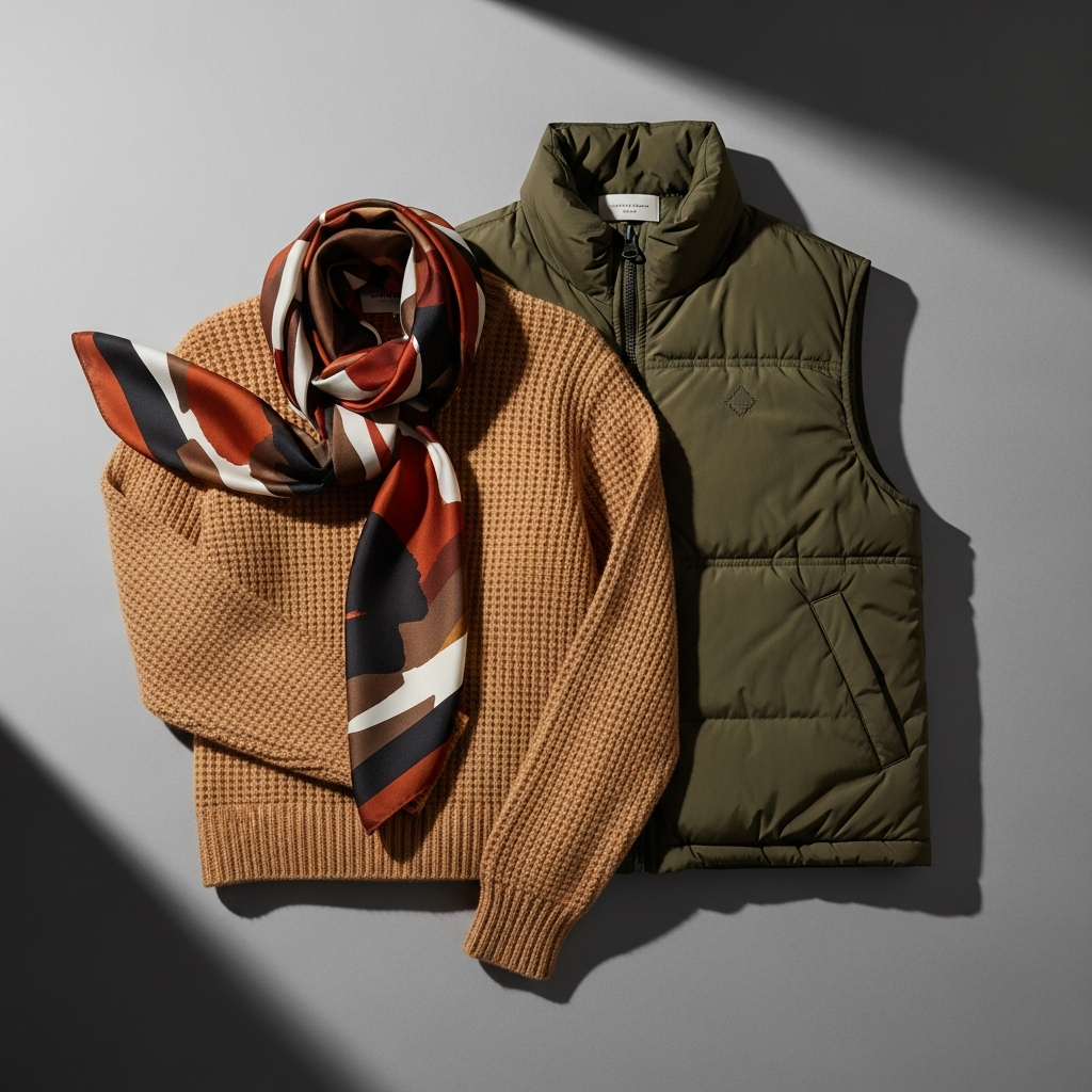 High-end fashion photography showing The Mid-Layer: Textural Alchemy: A flat lay of a luxury layering outfit: a waffle-knit cashmere sweater, a technical nylon vest, and a silk scarf, earthy tones, soft shadows, professional studio lighting.
MEN'S TOP