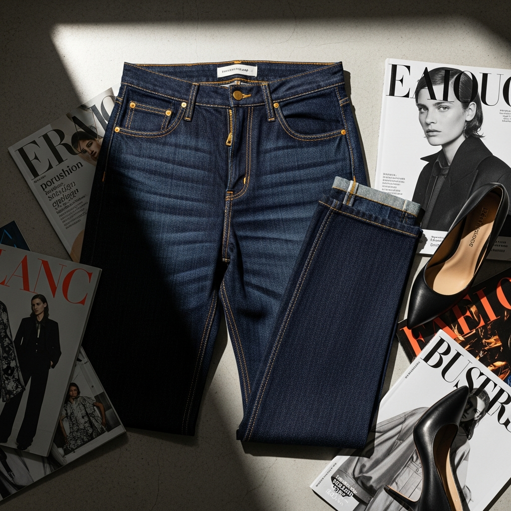 High-end fashion photography showing The New Denim: Selvedge and Sculptural Indigo: Flat lay of premium dark indigo selvedge denim jeans with gold hardware and intricate contrast stitching, surrounded by luxury fashion magazines and a pair of leather pumps.
