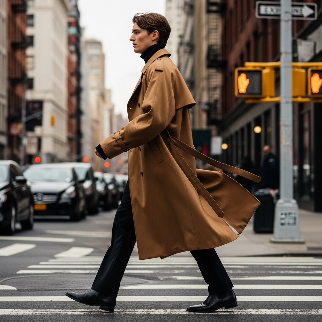 High-end fashion photography showing The New Silhouette: Structure Meets Fluidity: A male model walking briskly on a New York street, wearing an oversized but structured trench coat in camel color. The coat is caught mid-motion, showing fluid movement. High-fashion street style photography.
THE ULTIMATE MEN'S STYLE BIBLE 2026