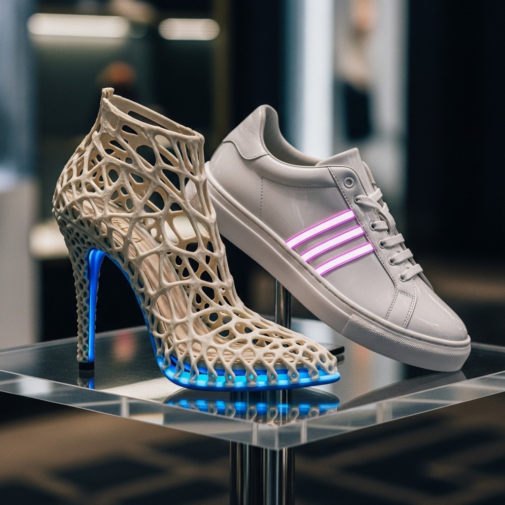 High-end fashion photography showing The Power Move: Footwear and Structural Foundation: A close-up of futuristic 3D-printed high heels and sleek designer sneakers on a glass pedestal, neon accents, high-end luxury boutique lighting.
WOMEN'S STYLE BIBLE 2026