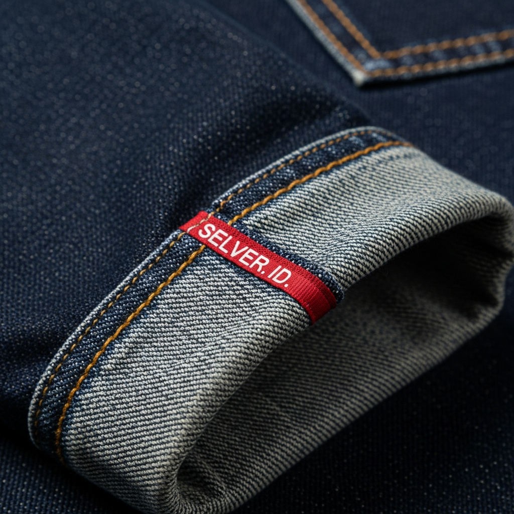 High-end fashion photography showing The Raw Truth: Japanese Selvedge and Sustainable Indigo: Close-up of high-quality raw indigo denim, showing the red selvedge ID at the cuff and the intricate weave of the fabric. Studio lighting, macro photography.
MEN’S BOTTOM