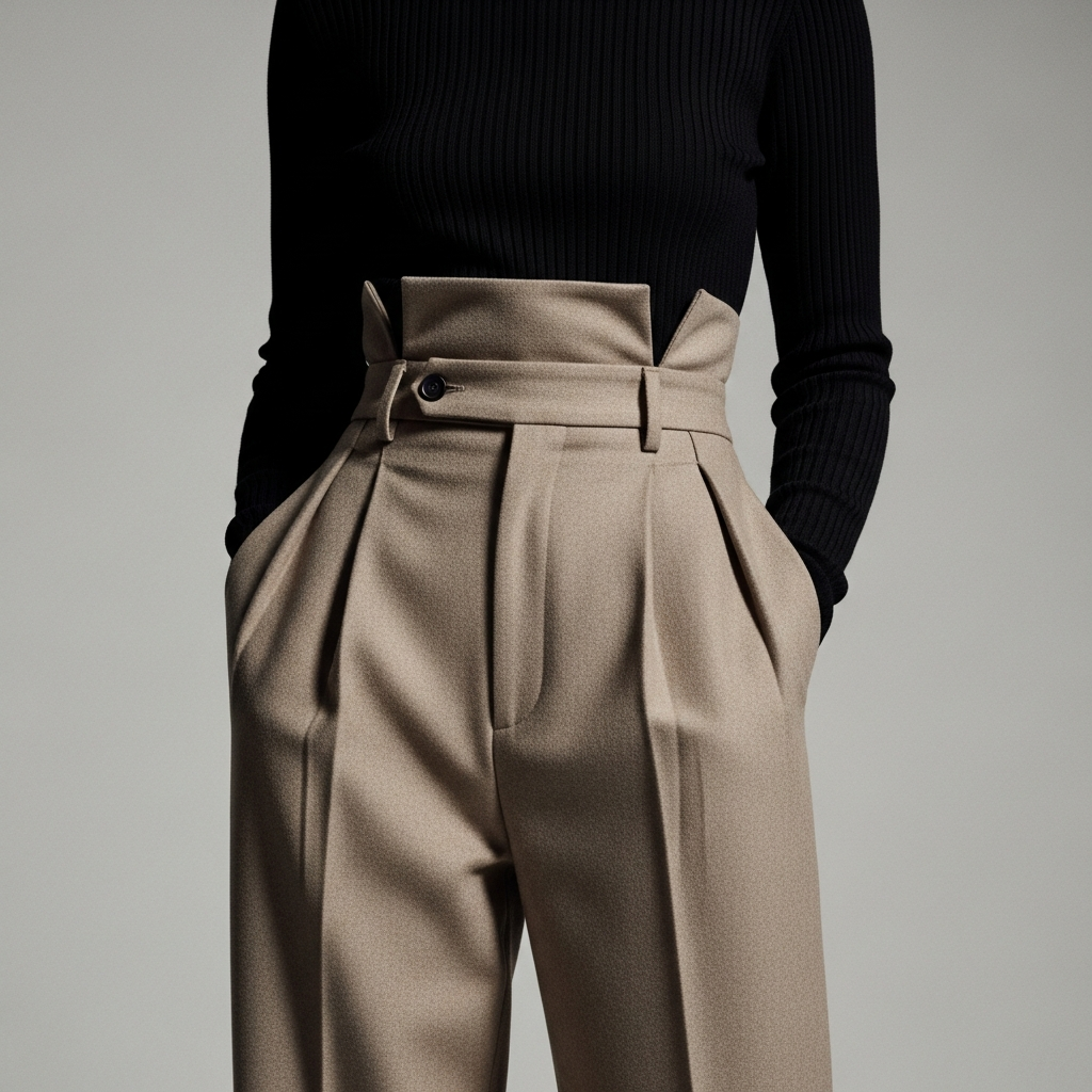 High-end fashion photography showing The Return of the Pleat: Architectural Tailoring: A pair of high-waisted, double-pleated beige wool trousers styled with a tucked-in black turtleneck. Clean, minimalist background, focus on the waist detail.