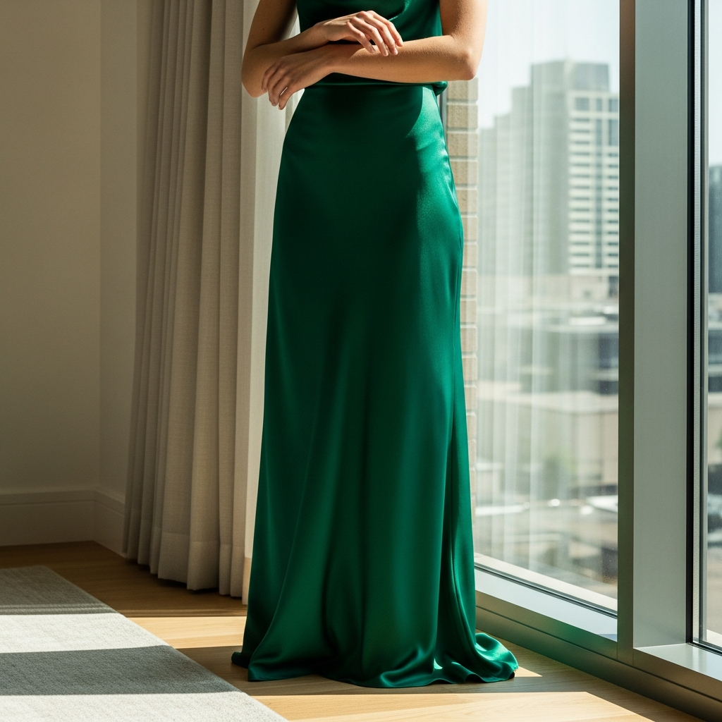High-end fashion photography showing The Silk Midi and the Bias-Cut Renaissance: A woman standing by a floor-to-ceiling window, wearing a long, bias-cut emerald green silk skirt that flows like liquid. Soft afternoon sunlight illuminating the texture of the silk.