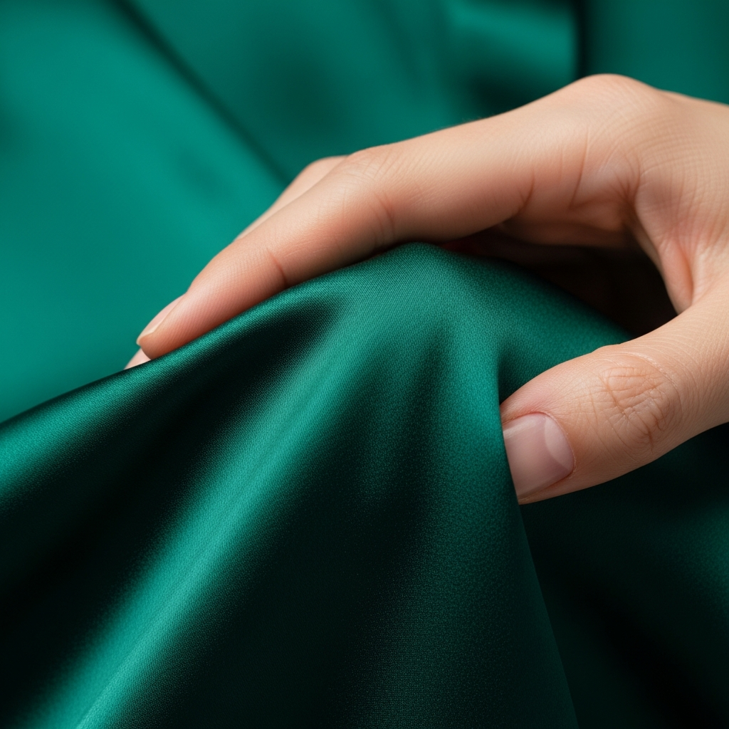 High-end fashion photography showing The Silk Revolution: Liquid Luster and 22 Momme Perfection: Close up of a deep emerald green silk blouse being touched by a hand, showing the heavy drape and luxurious texture, studio lighting, macro photography.