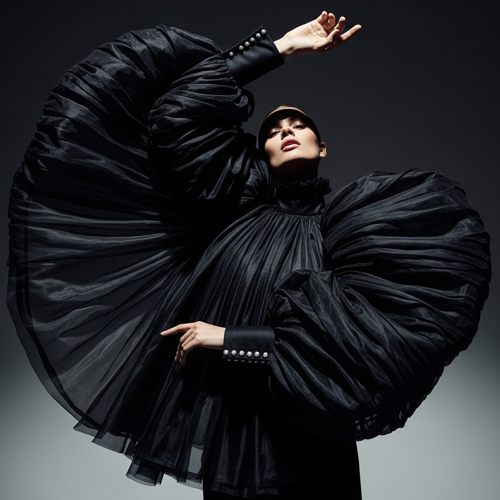 High-end fashion photography showing The Statement Sleeve: Drama in Every Movement: A stunning black organza blouse with massive voluminous sleeves and intricate cuff detailing, high contrast lighting, dramatic fashion pose.