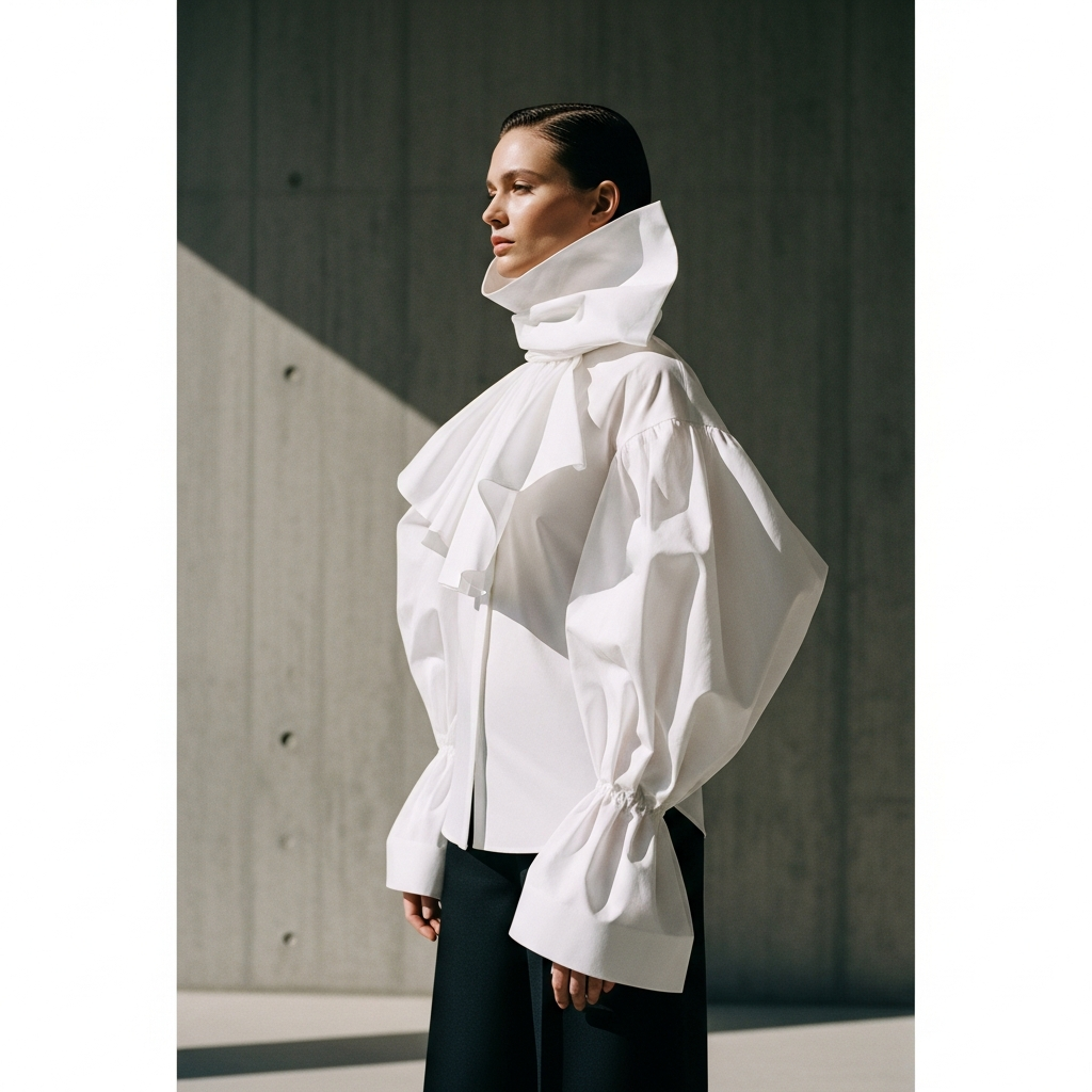 High-end fashion photography showing المقدمة: A high-end editorial shot of a woman wearing a voluminous, sculptural white poplin blouse with oversized cuffs and a high neck, standing against a minimalist concrete backdrop, soft natural sunlight, 8k resolution, fashion magazine style.