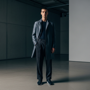 High-end fashion photography showing المقدمة: A high-fashion cinematic shot of a modern man standing in a minimalist concrete gallery. He is wearing a structured technical silk overcoat in slate grey, charcoal pleated trousers, and sleek high-end sneakers. The lighting is dramatic, highlighting the rich textures of the fabric. 8k resolution, photorealistic, Vogue editorial style. The Ultimate Men's Style Bible 2026