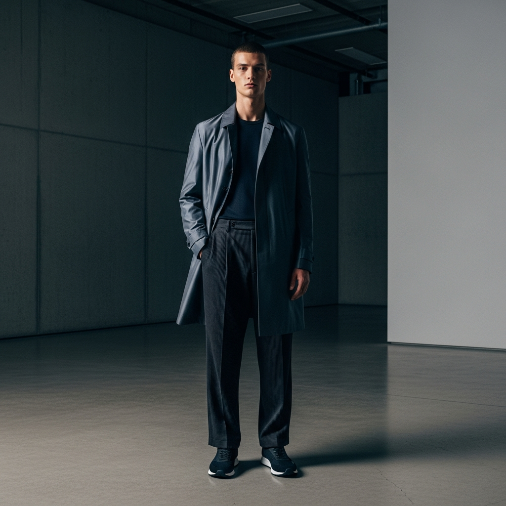 High-end fashion photography showing المقدمة: A high-fashion cinematic shot of a modern man standing in a minimalist concrete gallery. He is wearing a structured technical silk overcoat in slate grey, charcoal pleated trousers, and sleek high-end sneakers. The lighting is dramatic, highlighting the rich textures of the fabric. 8k resolution, photorealistic, Vogue editorial style. The Ultimate Men's Style Bible 2026