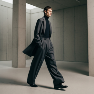 High-end fashion photography showing المقدمة: A high-fashion editorial shot of a male model walking through a minimalist concrete gallery. He is wearing wide-leg charcoal wool trousers with sharp pleats and polished leather boots. The lighting is cinematic, highlighting the drape of the fabric. 8k resolution, architectural aesthetic.