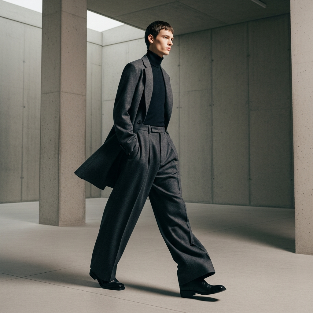 High-end fashion photography showing المقدمة: A high-fashion editorial shot of a male model walking through a minimalist concrete gallery. He is wearing wide-leg charcoal wool trousers with sharp pleats and polished leather boots. The lighting is cinematic, highlighting the drape of the fabric. 8k resolution, architectural aesthetic.
