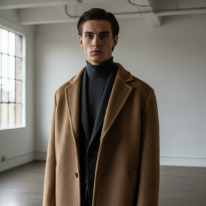 High-end fashion photography showing المقدمة: A high-fashion editorial shot of a male model in a minimalist loft, wearing layered luxury fabrics. A charcoal merino turtleneck is visible under a structured camel-hair overcoat. High-contrast lighting, sharp focus, 8k resolution, cinematic aesthetic.