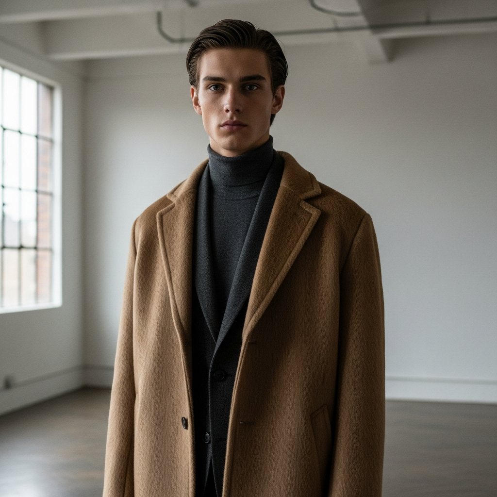 High-end fashion photography showing المقدمة: A high-fashion editorial shot of a male model in a minimalist loft, wearing layered luxury fabrics. A charcoal merino turtleneck is visible under a structured camel-hair overcoat. High-contrast lighting, sharp focus, 8k resolution, cinematic aesthetic.