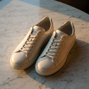 High-end fashion photography showing المقدمة: A high-angle cinematic shot of a pair of ultra-luxury minimalist sneakers made of cream-colored Vachetta leather, resting on a polished marble surface with soft golden hour lighting hitting the textures. Men's Sneakers