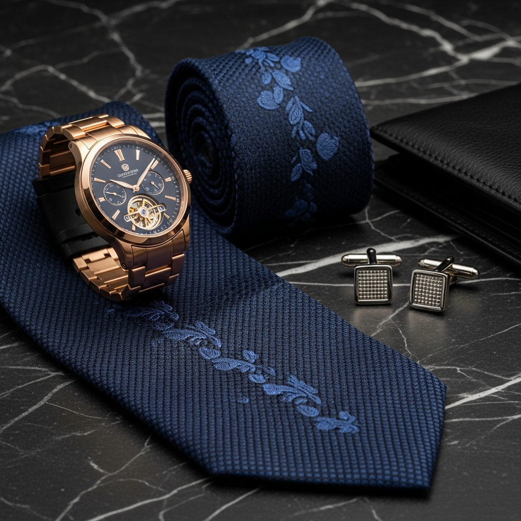 High-end fashion photography showing المقدمة: A flat lay of luxury men's accessories including a rose gold tourbillon watch, a navy blue mulberry silk tie with jacquard texture, a pair of bespoke silver cufflinks, and a sleek leather wallet, all resting on a dark marble surface with dramatic high-fashion lighting. Men's Accessorie