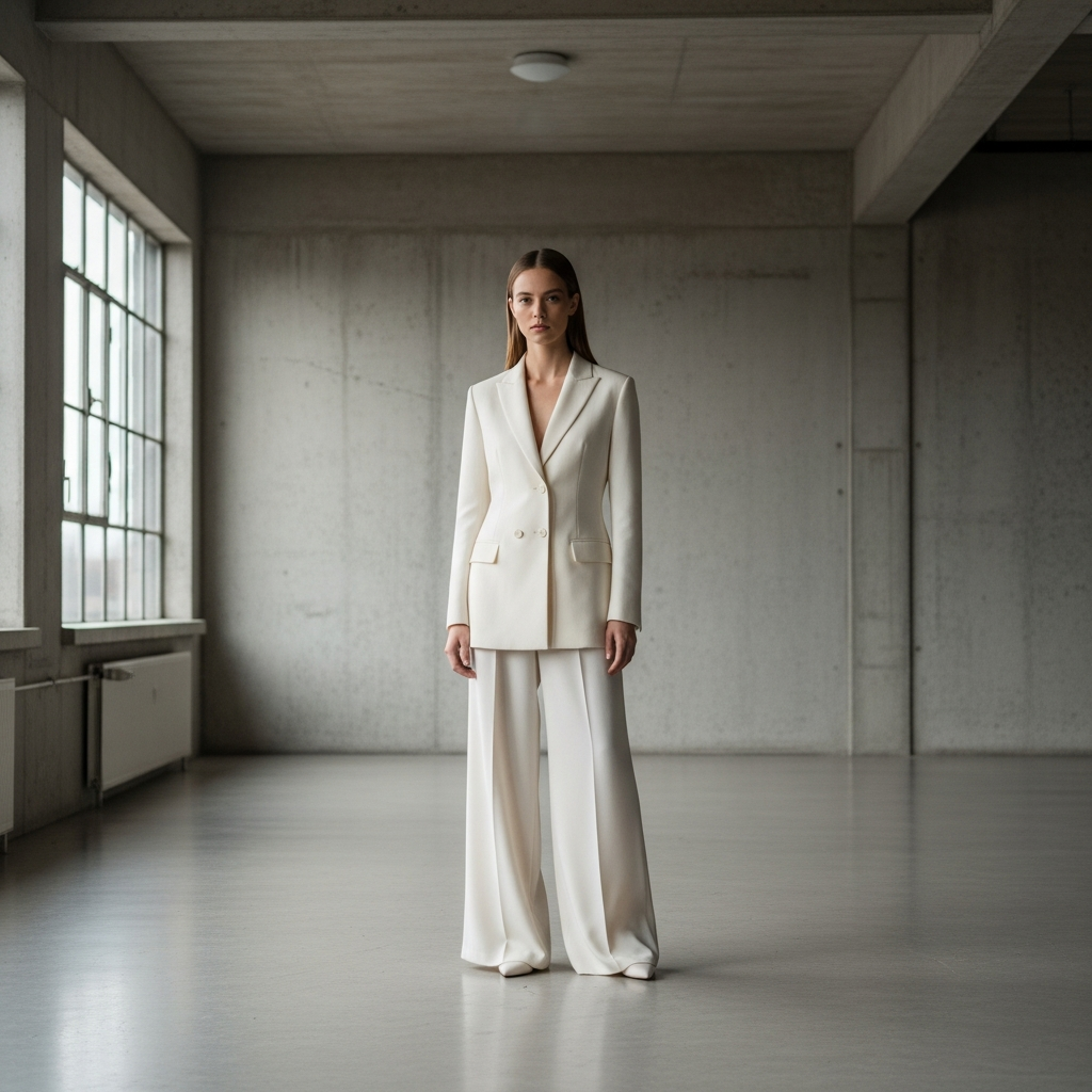 High-end fashion photography showing المقدمة: A high-fashion editorial shot of a woman standing in a minimalist concrete loft, wearing a structured ivory blazer made of bio-engineered silk and wide-leg trousers, dramatic natural lighting, 8k resolution, futuristic yet elegant aesthetic.
